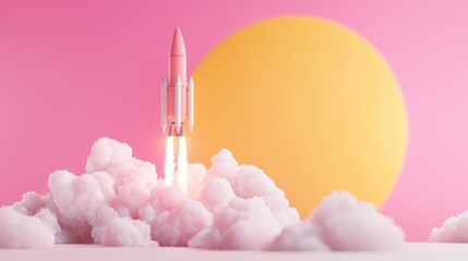 Vibrant 3D illustration of a spaceship launch symbolizing adventure and travel on a space mission showcasing exploration and discovery in a colorful background