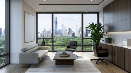 A modern living room with a large window overlooking a city