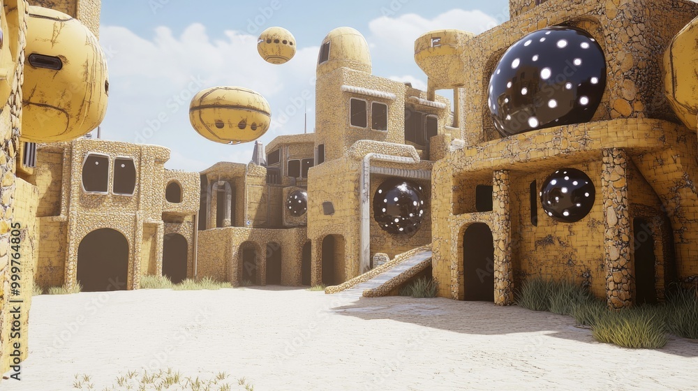 Poster a surreal architectural landscape featuring yellow structures and floating spheres.