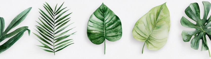 Naklejka premium Tropical Foliage Art, a vibrant collection of hand-painted palm leaves and lush green plants, showcases botanical beauty in a minimalist and serene setting.