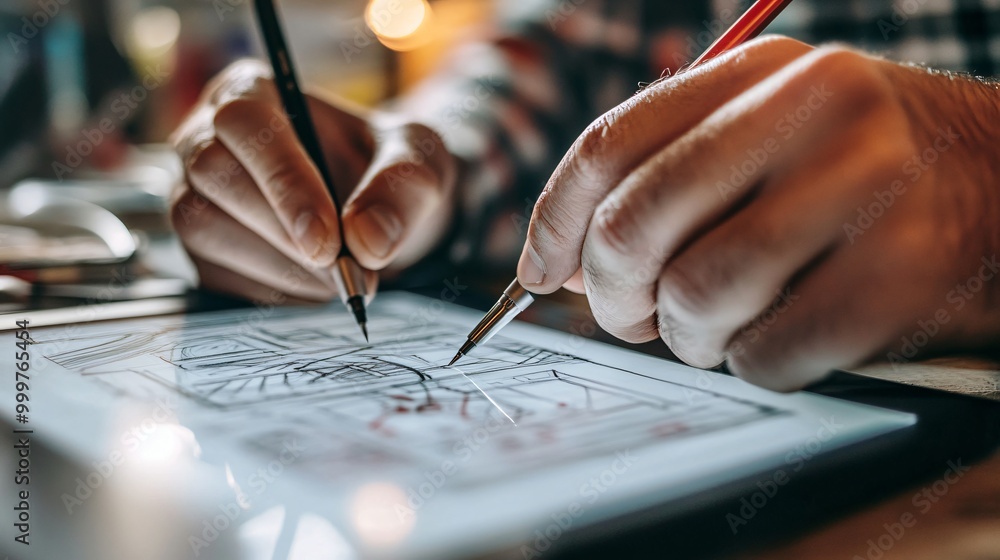 Poster close-up of two hands drawing on a digital tablet, with one using a pen and the other using a stylus