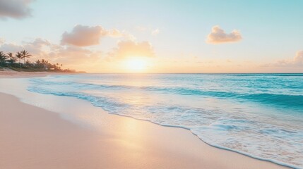 Obraz premium A serene beach scene at sunrise with gentle waves and a colorful sky.