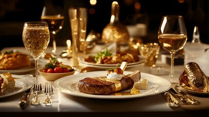A luxurious gourmet steak dinner served with appetizers and wine on an elegant table, featuring golden accents and warm lighting.