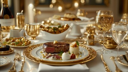 A luxurious gourmet steak dinner served with appetizers and wine on an elegant table, featuring golden accents and warm lighting.
