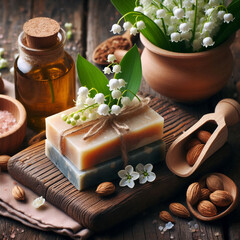 Personalized handmade soap with lily of the valley scent, neutral background. Soap making, aromatherapy.