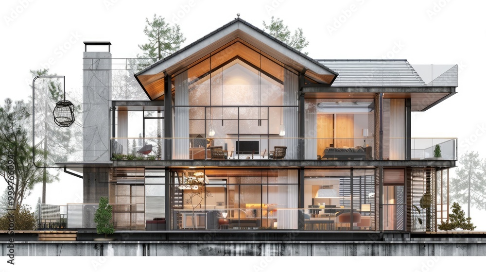 Poster a large house with multiple windows and a complex design, suitable for use in real estate or archite