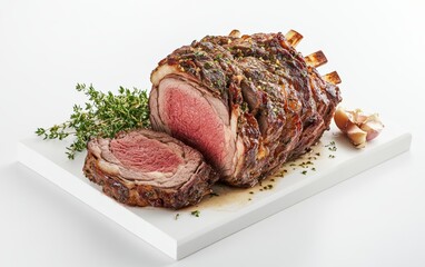Succulent prime rib roast perfectly cooked with garlic and herbs on a stylish cutting board against a clean white background