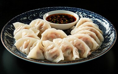 Delicious steaming dumplings served with savory dipping sauce on a dark background