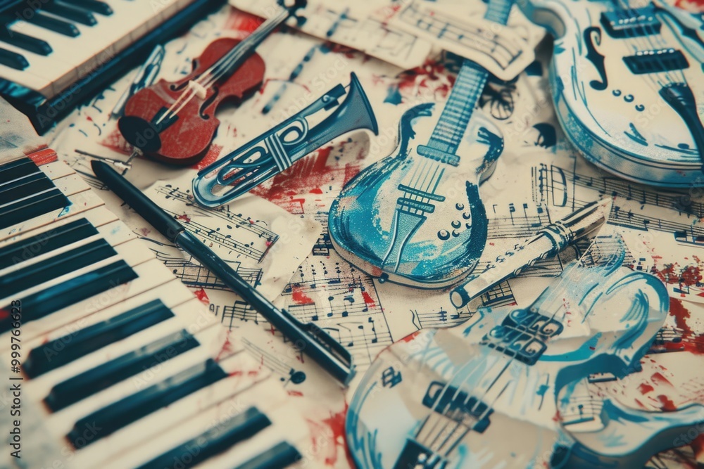 Poster a collection of musical instruments depicted on a sheet of music, ideal for use in music-related pro