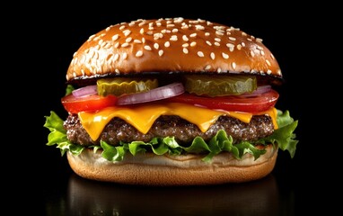 A delicious cheeseburger with sesame seed bun, lettuce, tomatoes, onions, pickles, and melted cheese on a black background