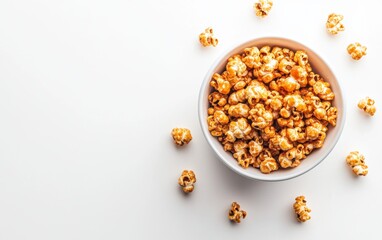 A bowl of freshly popped caramel popcorn on a white surface, surrounded by scattered popcorn pieces