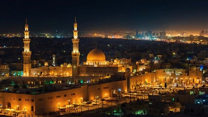Fototapeta premium A panoramic night view of an Arab city lit up with colorful lights, showcasing a blend of cultural heritage and modern development 
