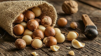 Macadamia nuts spilling out of a burlap sack onto a wooden table, with a nutcracker and cracked shells beside them.