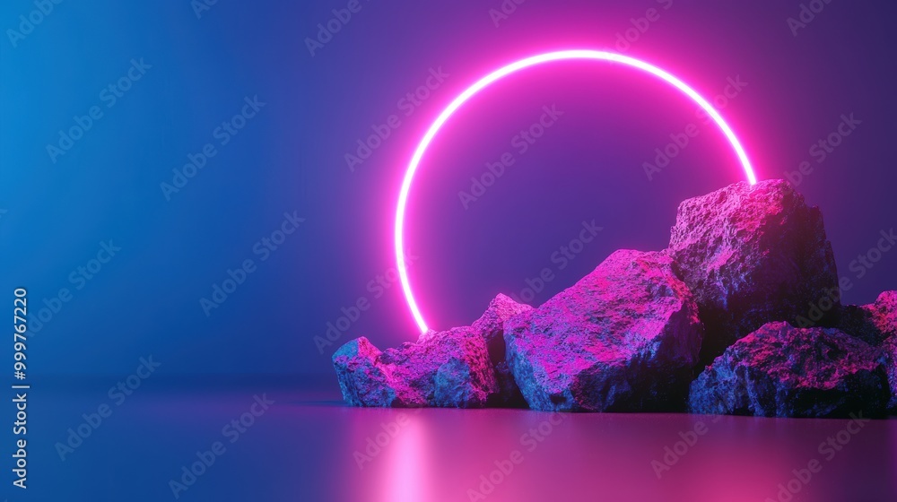 Aufkleber neon arch with floating rocks in 3d render