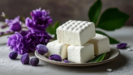  Delicate delight  A plate of artisanal marshmallows with a touch of nature