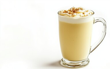 Creamy latte topped with whipped cream and caramel drizzle served in a clear glass mug