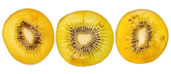 Fototapeta premium Group Of Three Whole One Half Two Slices Of Fresh Golden Brown Kiwi Fruit Sungold Variety Set Isolated On White