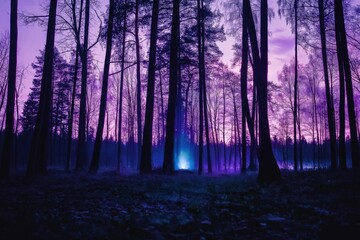 Fototapeta premium Blue ghostly light (Will-o'-the-wisp or ignis fatuus) glowing in an eerie forest at twilight
