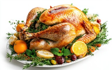 A beautifully roasted turkey with citrus garnishes and herbs, presented elegantly on a festive platter during a holiday gathering