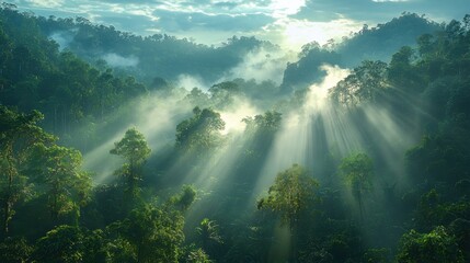 A serene forest landscape with sunbeams filtering through misty trees, creating a tranquil and picturesque natural environment.