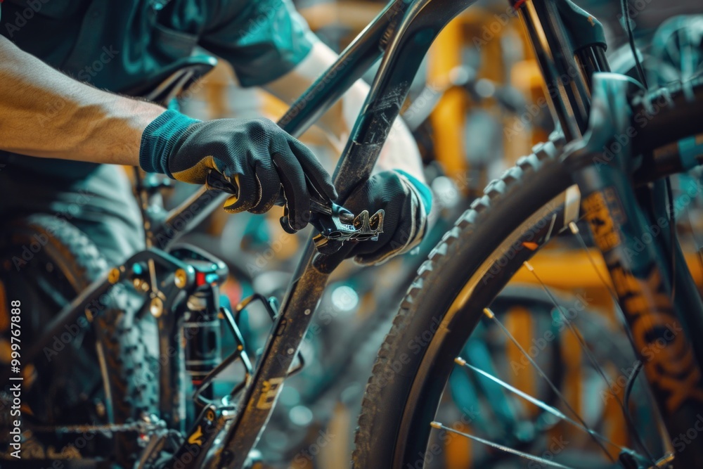 Aufkleber a person fixing a bicycle in a garage workshop setting