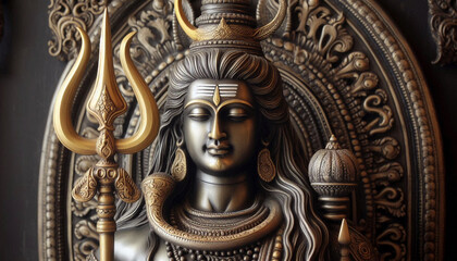 old metal vintage statue of the Hindu religious god Shiva with golden Trident, Hindu religious, Hindu festival Maha Shivratri concept