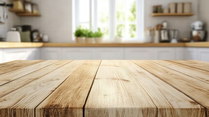A wooden table in a bright kitchen with natural light and plants in the background.