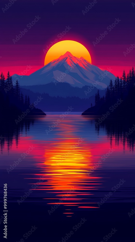 Wall mural A digital art sunset over a mountain.