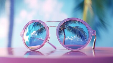 A vibrant pair of sunglasses reflecting tropical palm trees on a serene beach during sunset. Generative AI