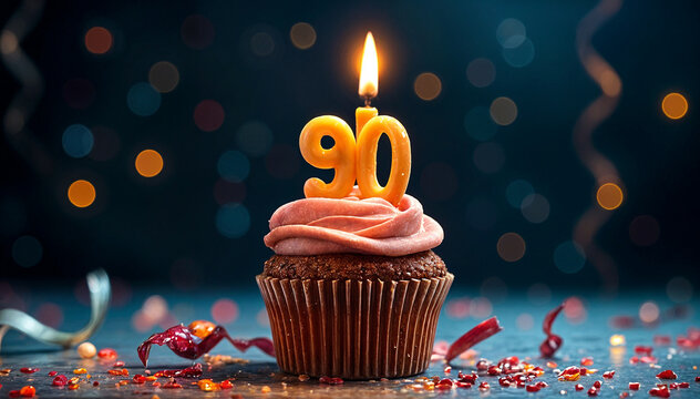 Birthday cupcake with burning lit candle with number 90. Number ninety for ninety years or ninetieth anniversary.