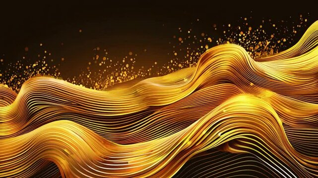 Golden waves on a black background. Digital sea, graphic linear landscape, ocher. Bronze background. Typography card. Luxurious wavy space. Dear Sci-fi microworld. Brilliant accent, looped bg data flo