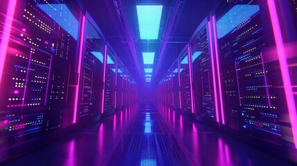 Fototapeta premium Futuristic corridor in a data center illuminated by vibrant neon lights in purple and blue hues, showcasing advanced technology and digital aesthetics
