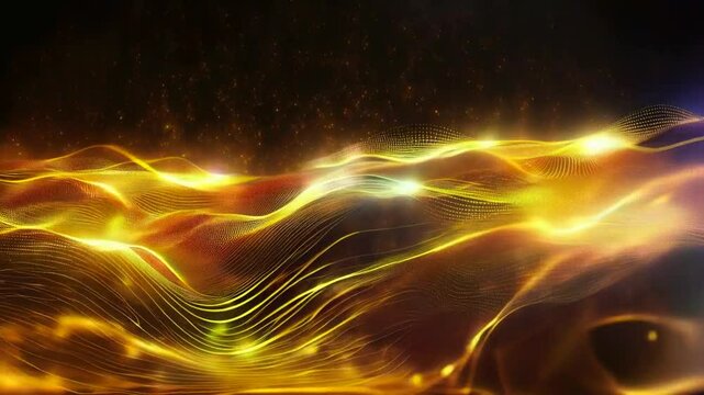 Golden waves move smoothly and glow on a dark background. Modern graphic effect. The video was created with the help of artificial intelligence