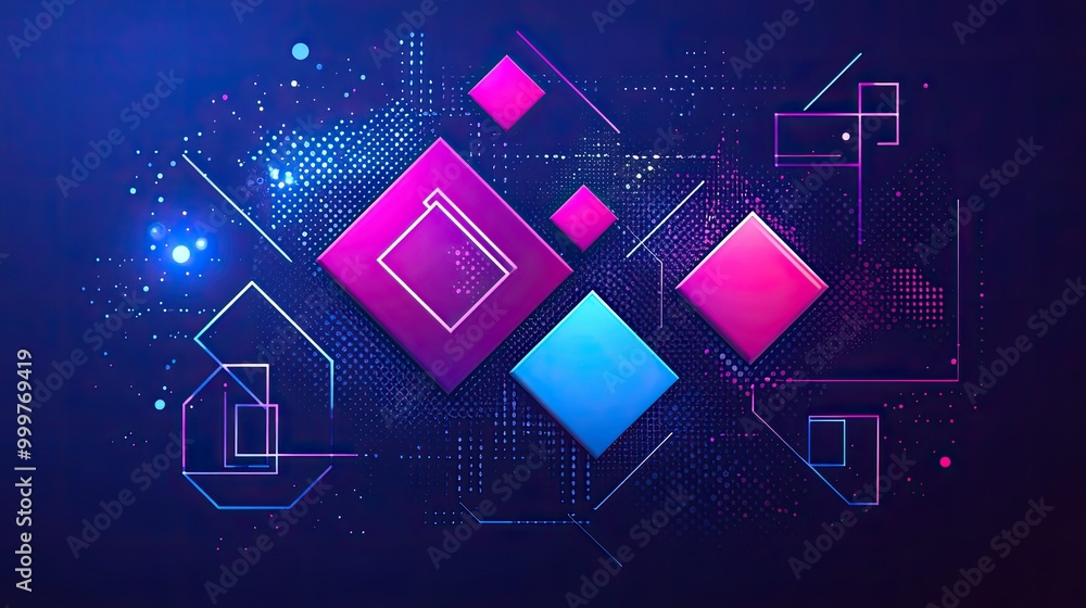Aufkleber abstract geometric shapes with vibrant colors and digital patterns on a dark background.