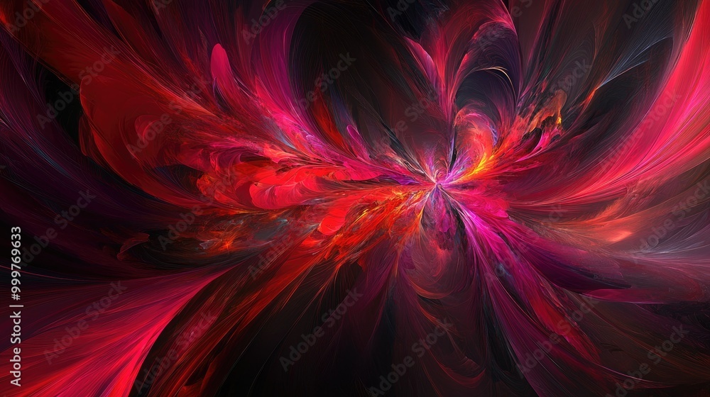 Poster a vibrant abstract design featuring swirling patterns of red and pink against a dark background.