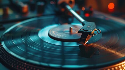 A close-up shot of a vinyl record spinning on a turntable, ideal for use in music-related designs and concepts
