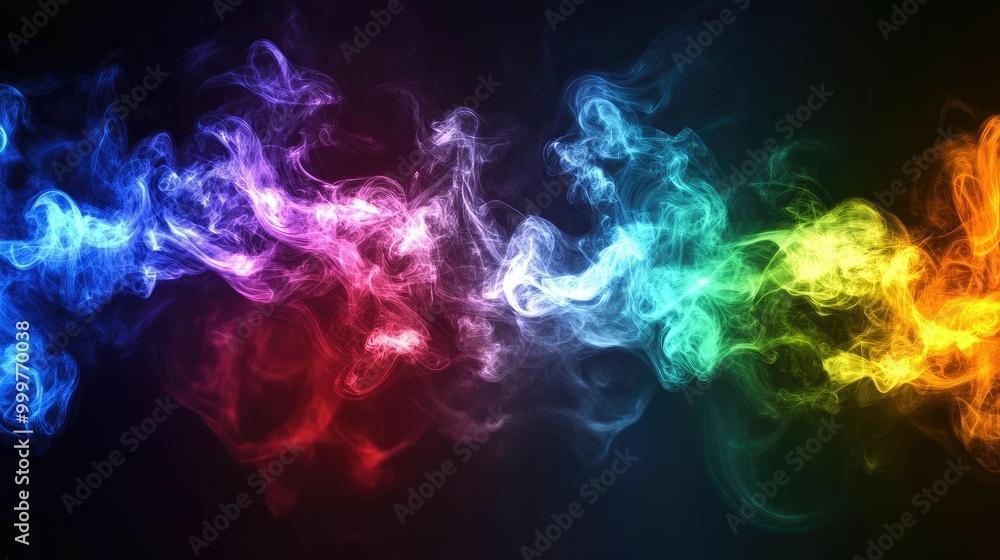 Poster colorful smoke swirls in a dark background, creating an abstract and vibrant visual effect.