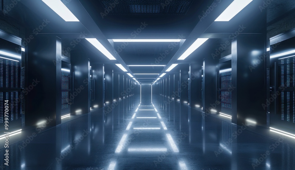 Poster futuristic data center hallway with glowing lights and server racks on each side, reflecting a high 