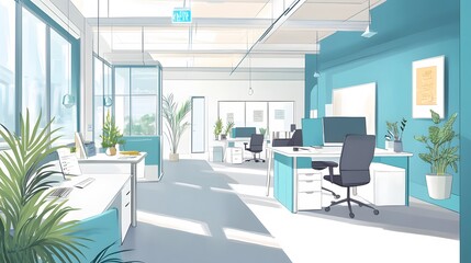 Modern white and blue open space office interior. 