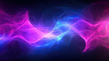 A vibrant abstract design featuring flowing waves of pink and blue light.