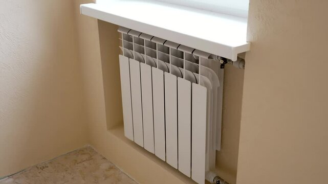 Heating radiator mounted at wall niche in new built room. Bimetallic radiators for space heating. Living room renovation.