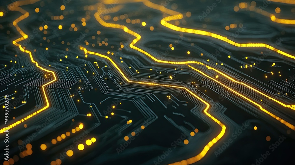 Aufkleber a close-up view of a circuit board with glowing lines and dots, representing technology and innovati