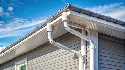 Gray zinc gutter on the facade of the house with white PVC downpipes and soffit paneling silhouette