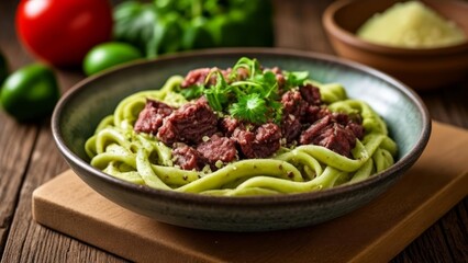 Delicious pasta dish with vibrant sauce and fresh herbs
