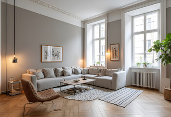 Fototapeta premium Parisian apartment. Scandinavian interior design of modern living room, home.