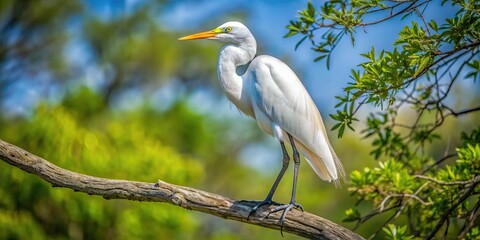 Fototapeta premium Great white heron perched on a tree branch at a tilted angle