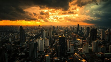 Obraz premium A stunning city skyline at sunset, showcasing towering buildings and dramatic cloud formations.