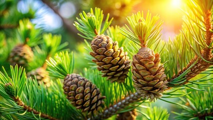 Fototapeta premium Green and brown cones on pine branch on sunny background