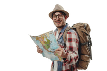 High Quality Cheerful Traveler with Map Isolated on Clear Background Ideal for Travel and Joyful Exploration Visuals