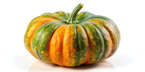 Green and orange pumpkin isolated on white background in fisheye lens perspective